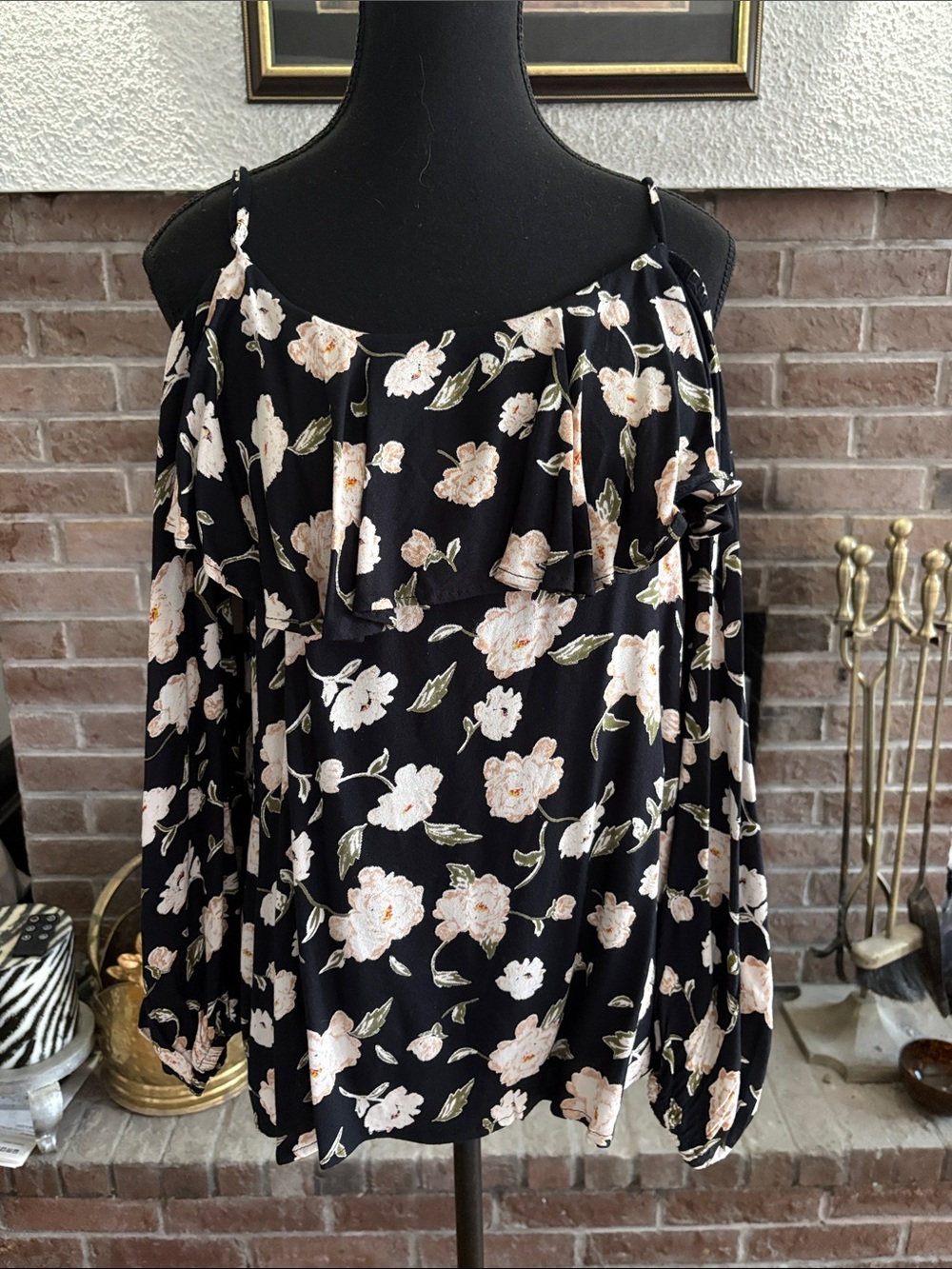 Elan Black Floral Cold-Shoulder Blouse with Ruffle